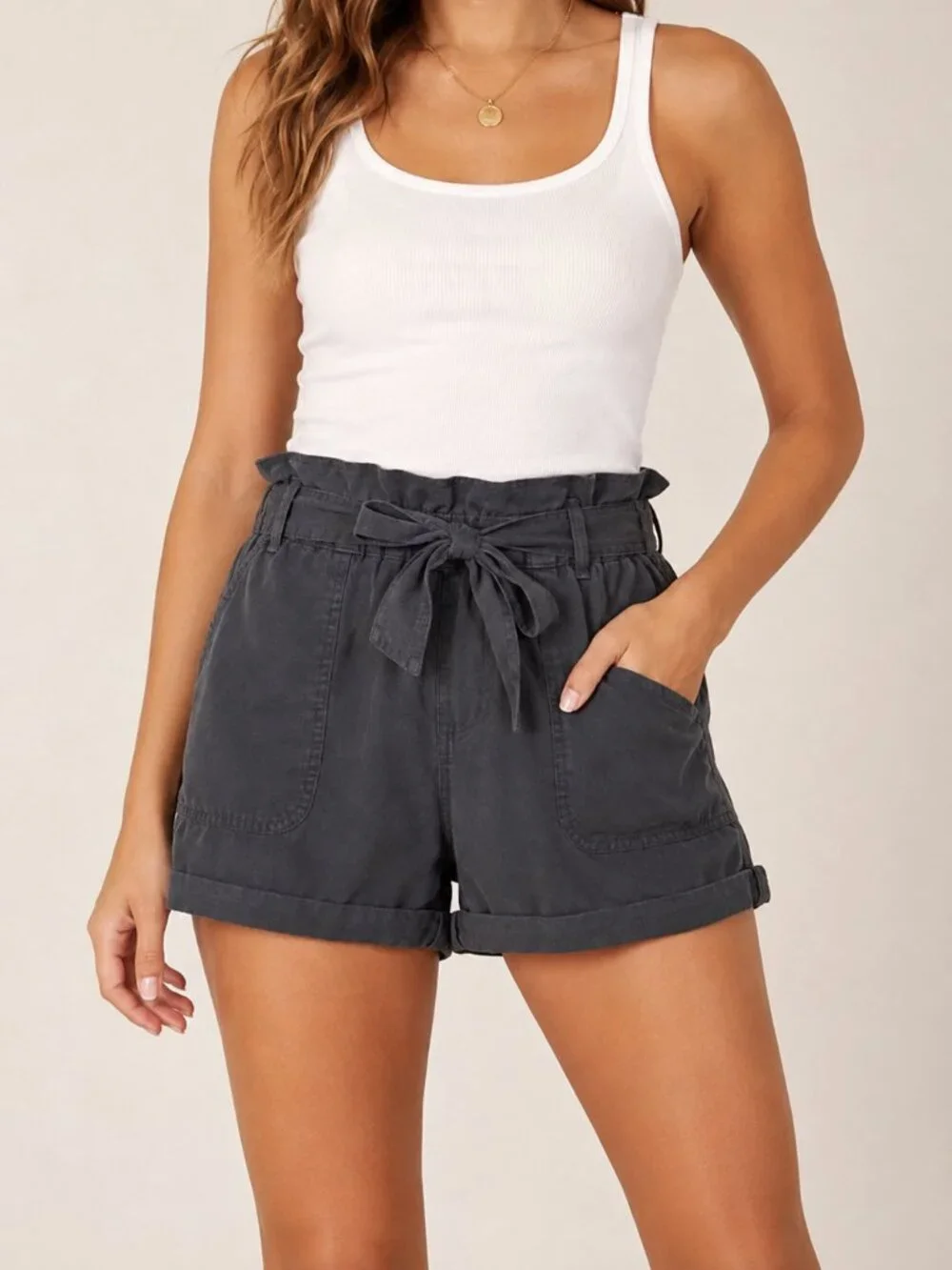 Aerie Charcoal Gray Paperbag Utility Shorts Size Medium Belted High Rise